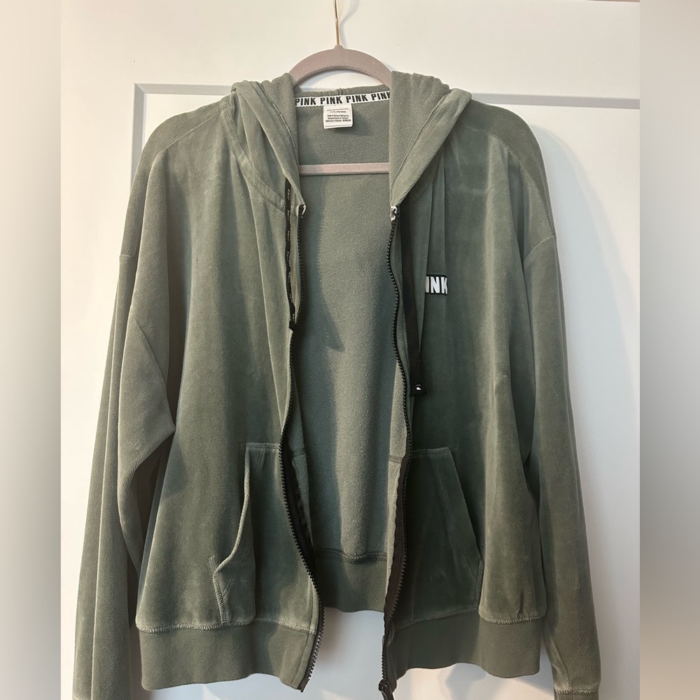 Victoria's Secret PINK Olive velour full zip Hoodie size Large.